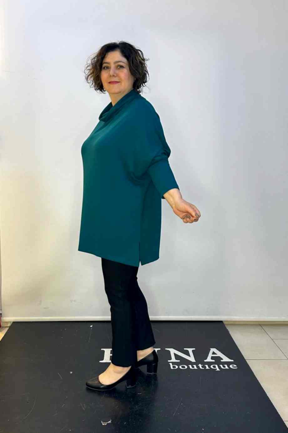 Büyük Beden Degaje Yaka Owersize Bluz Petrol