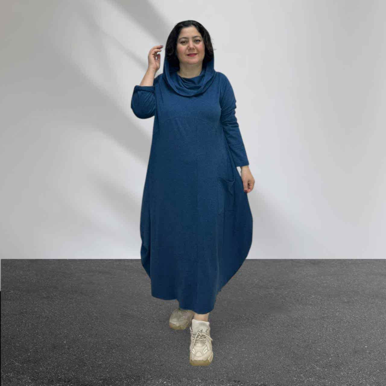 Kapüşonlu Degaje Yaka Owersize Elbise Mavi
