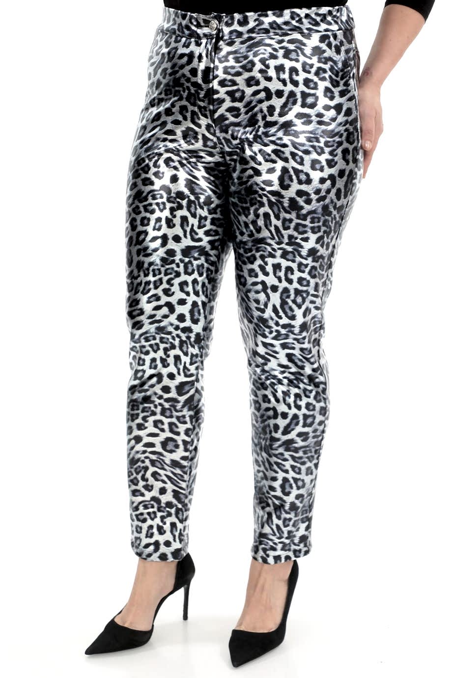 Leopar Desenli Beli Lastikli Deri Pantolon Gri