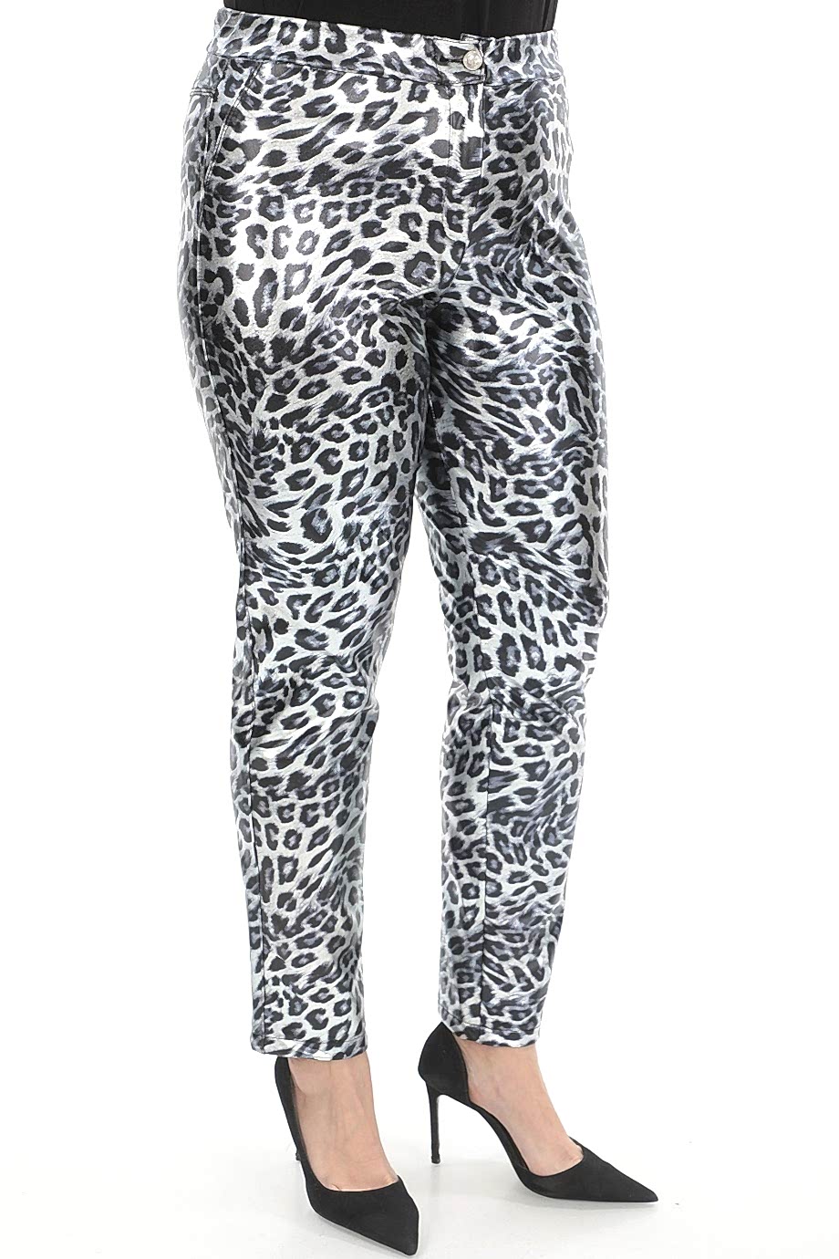 Leopar Desenli Beli Lastikli Deri Pantolon Gri