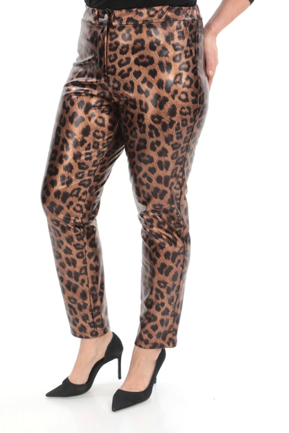 Leopar Desenli Beli Lastikli Deri Pantolon Kahve