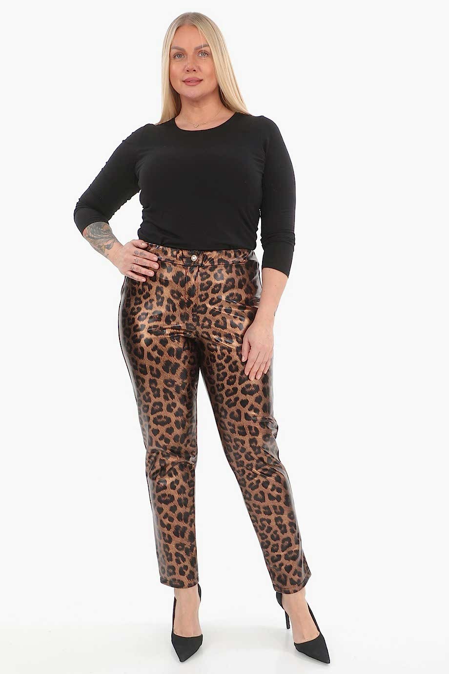 Leopar Desenli Beli Lastikli Deri Pantolon Kahve