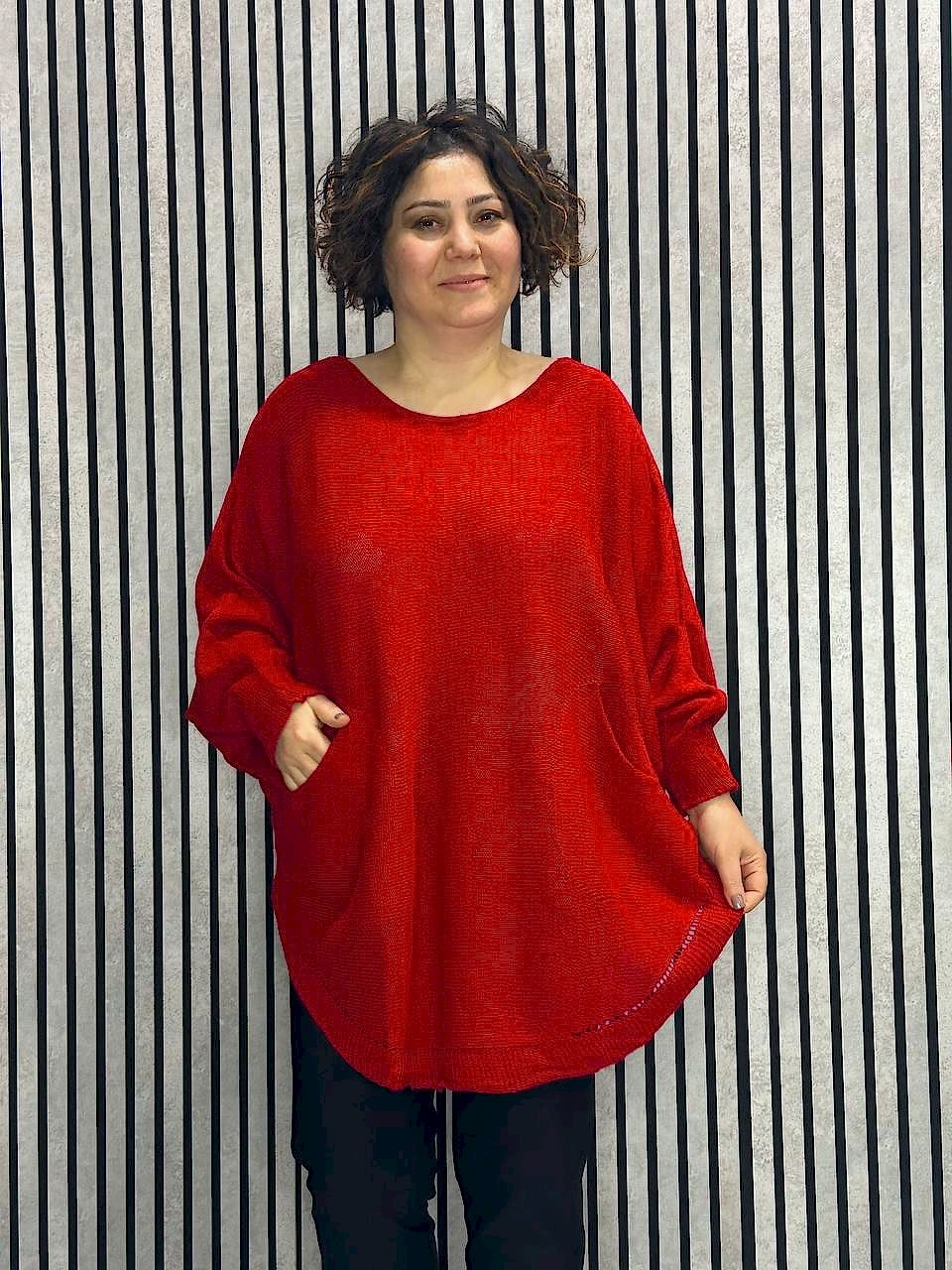 Ön Oval Kesim Cepli Triko Bluz Kırmızı