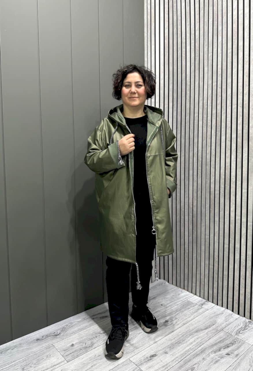Kapüşonlu Deri Görünümlü Trenç Haki