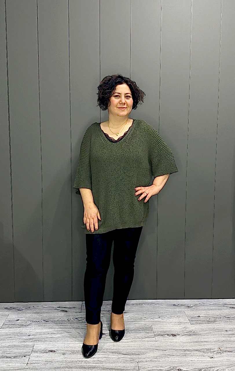 Selanik Örgülü  V Yaka Merserize Bluz Haki Yeşil