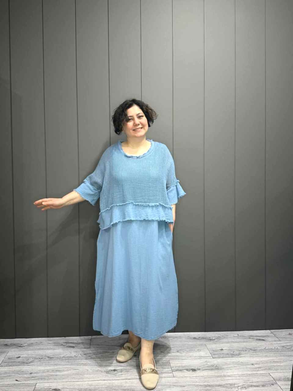 İthal File Bluz Detaylı Elbise Bebe Mavisi