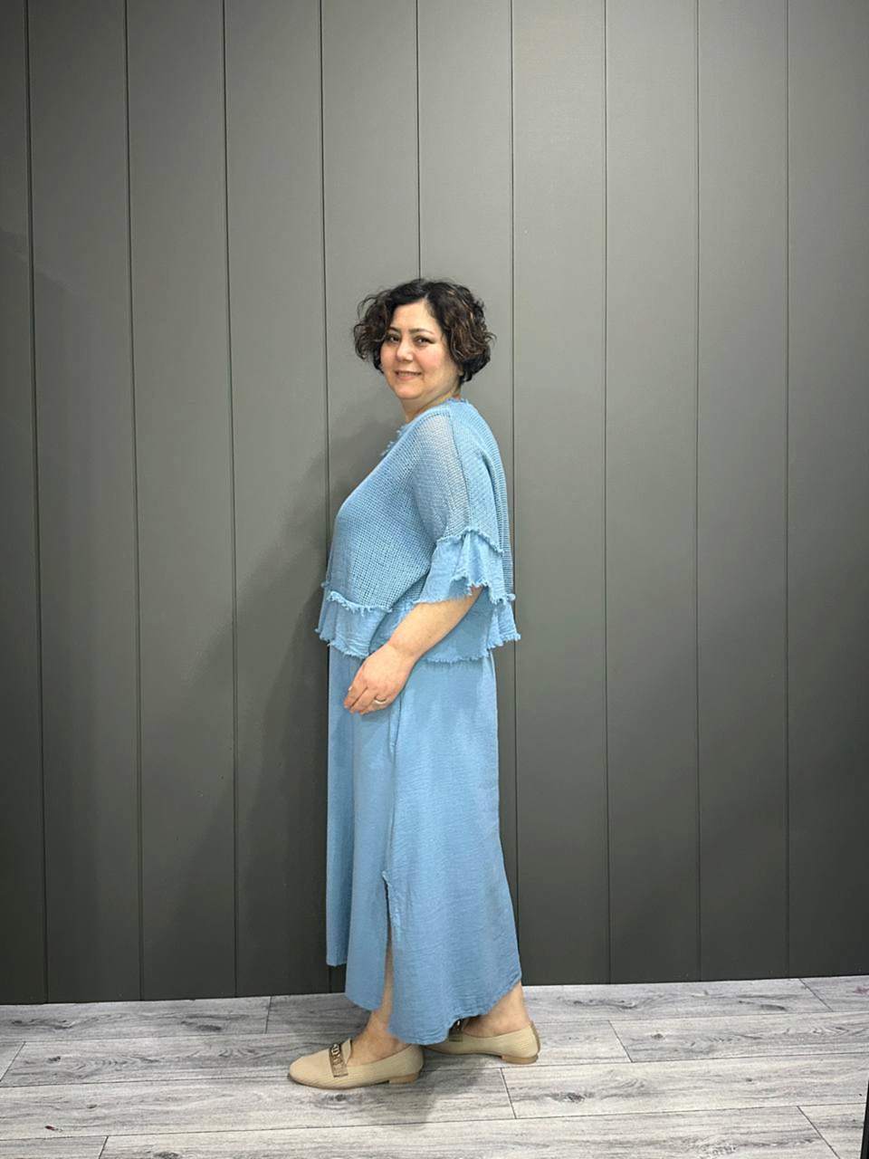 İthal File Bluz Detaylı Elbise Bebe Mavisi