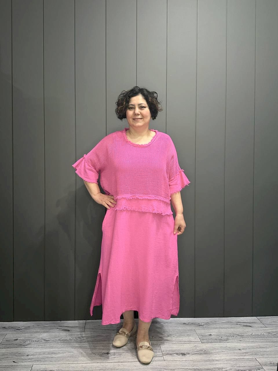 İthal File Bluz Detaylı Elbise Pembe