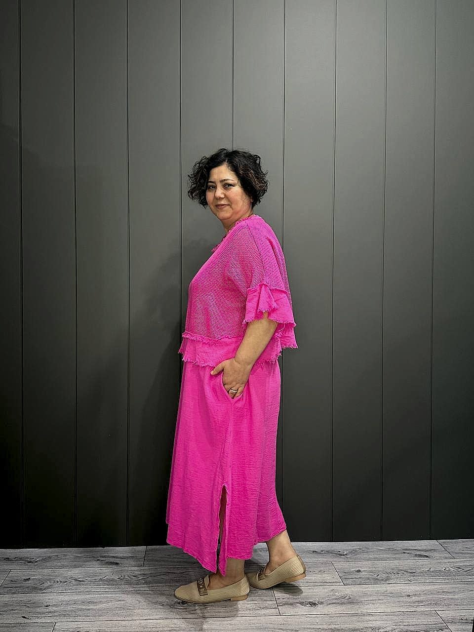 İthal File Bluz Detaylı Elbise Pembe