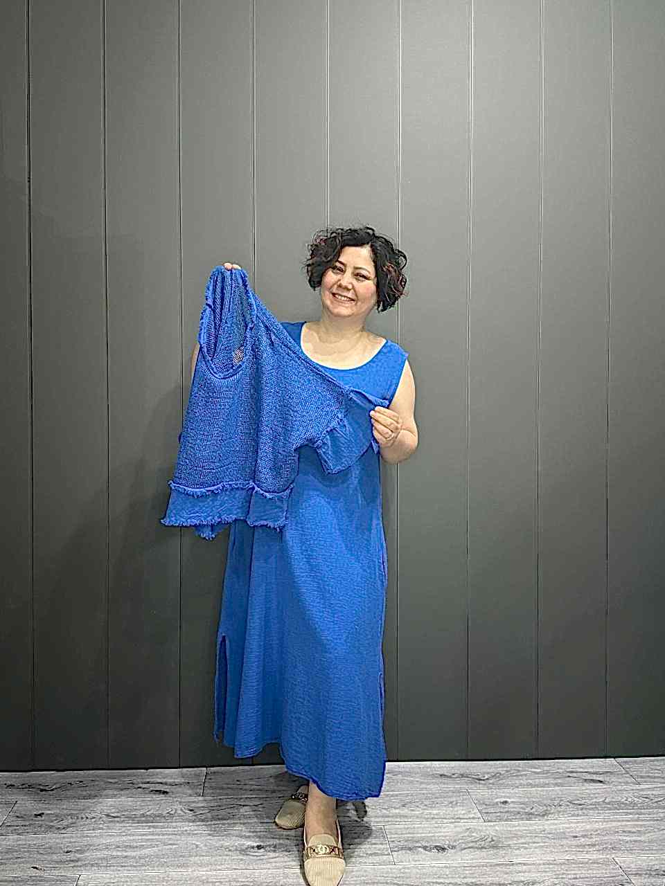 İthal File Bluz Detaylı Elbise Saks Mavisi
