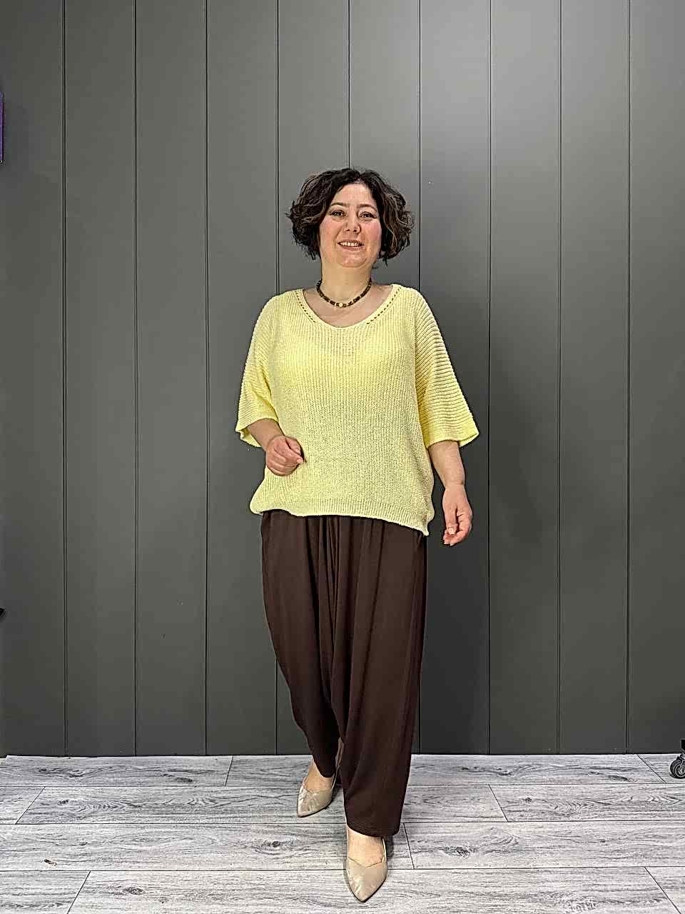 Selanik Örgülü  V Yaka Merserize Bluz Açık Sarı