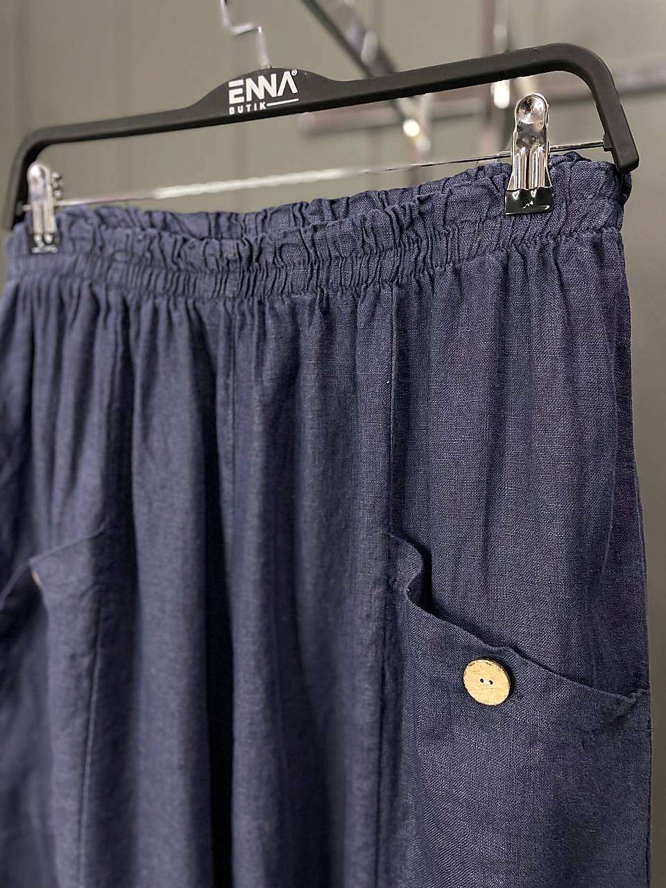 Düğmeli Keten Pantolon Lacivert