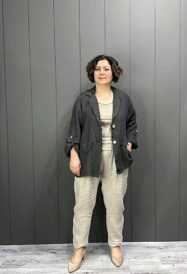 Doğal Keten Oversize Kadın Ceket Antrasit Gri