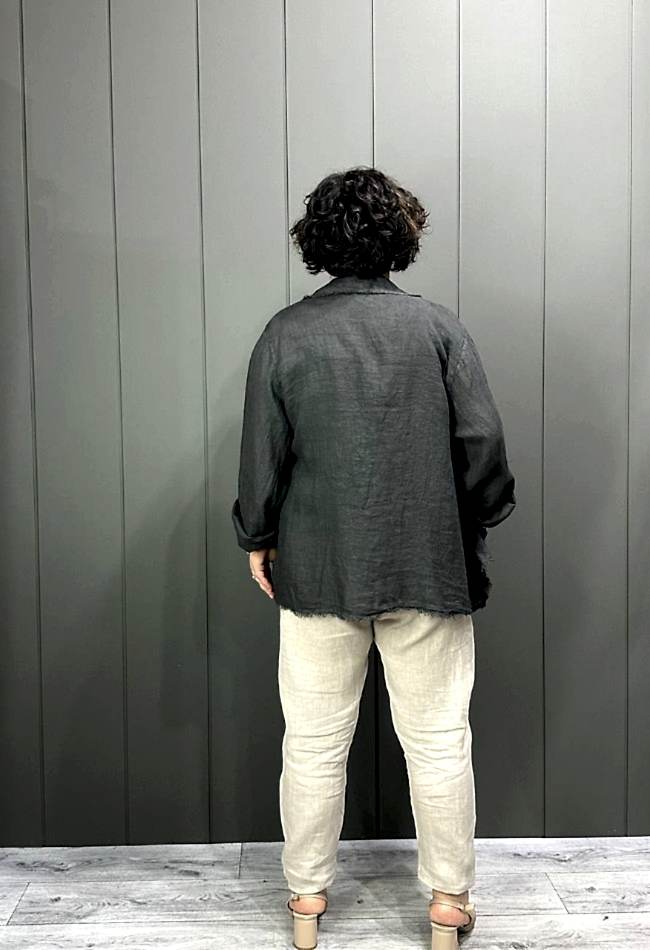 Doğal Keten Oversize Kadın Ceket Antrasit Gri