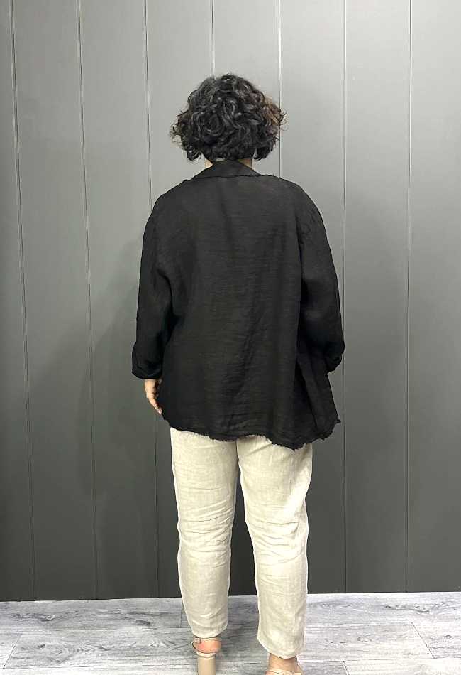Doğal Keten Oversize Kadın Ceket Siyah