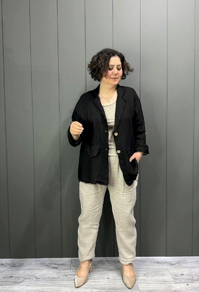 Doğal Keten Oversize Kadın Ceket Siyah