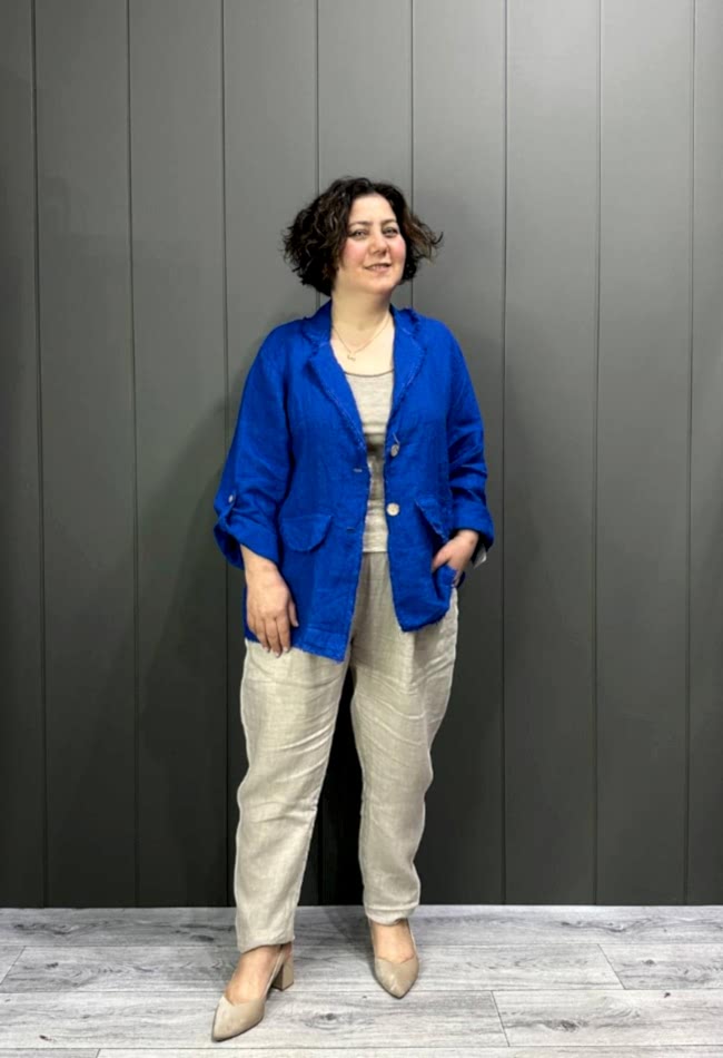 Doğal Keten Oversize Kadın Ceket Saks Mavi