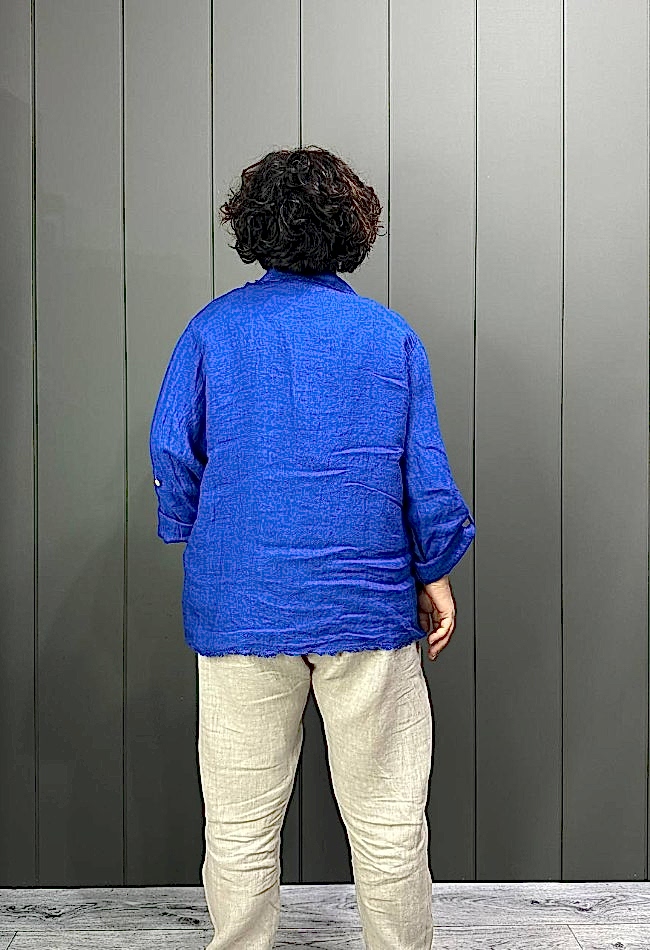 Doğal Keten Oversize Kadın Ceket Saks Mavi