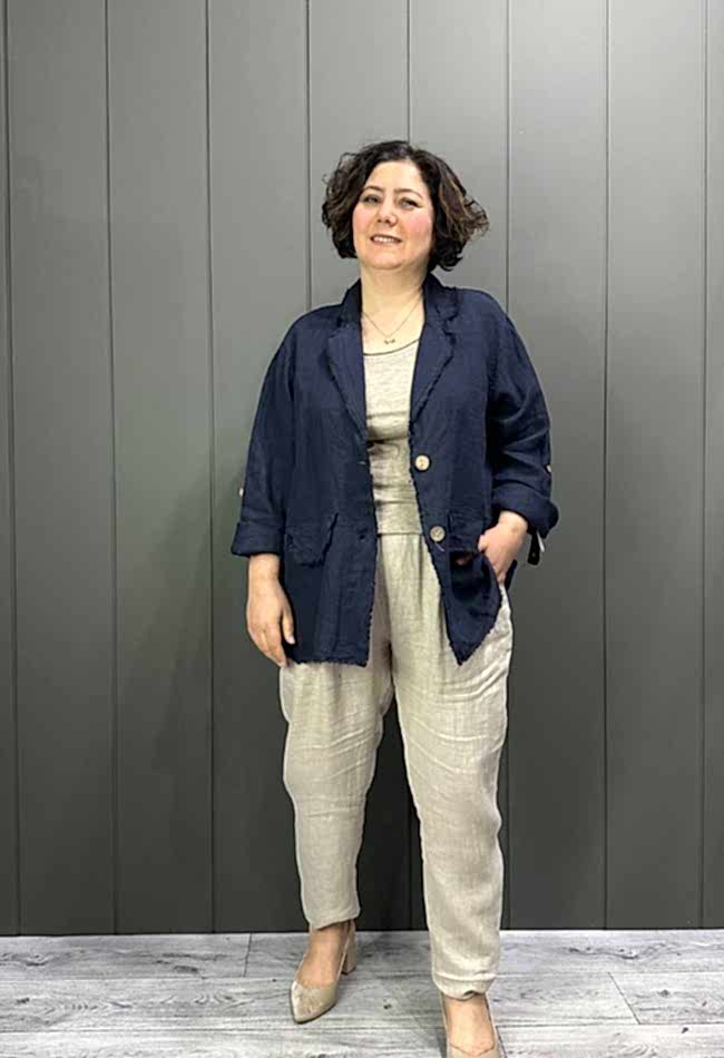 Doğal Keten Oversize Kadın Ceket Lacivert