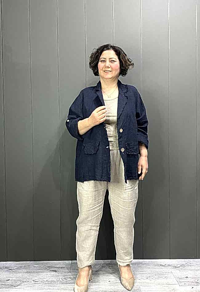 Doğal Keten Oversize Kadın Ceket Lacivert