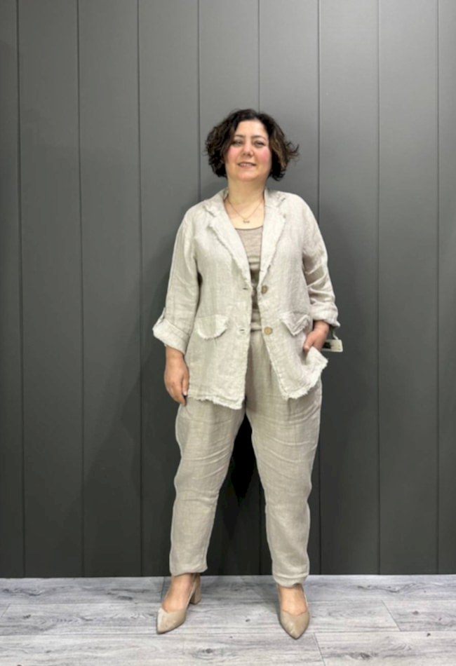 Doğal Keten Oversize Kadın Ceket Taş