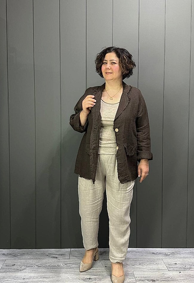 Doğal Keten Oversize Kadın Ceket Kahverengi