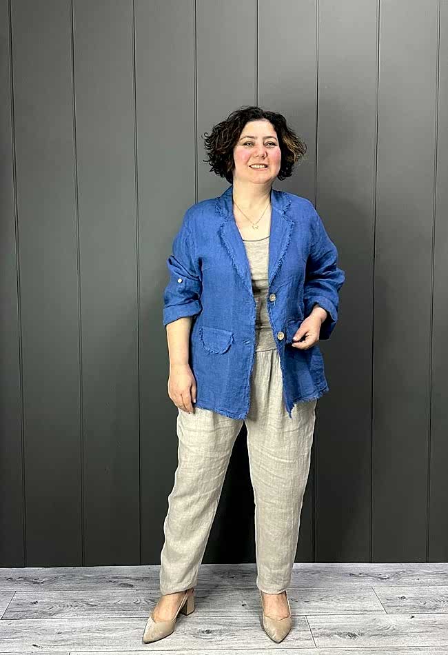 Doğal Keten Oversize Kadın Ceket Mavi