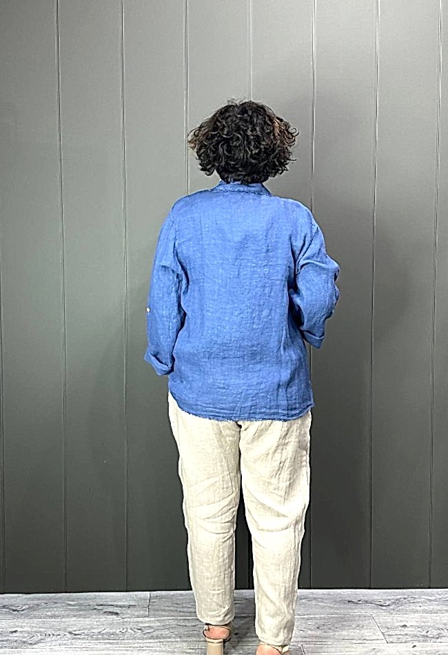 Doğal Keten Oversize Kadın Ceket Mavi
