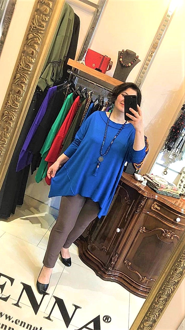 Büyük Beden Oversize Parçalı Viskon Penye Bluz Saks Mavi